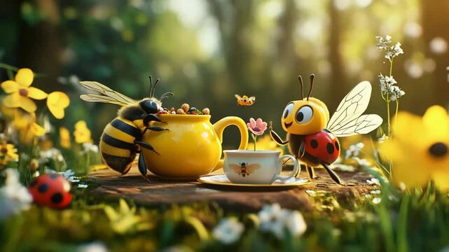 Two cartoon bees having tea in a sunny garden, perfect for children's illustration