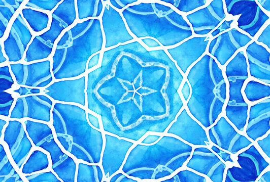 Blue watercolor mandala pattern with star design and intricate geometric shapes