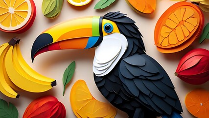 Colorful Papercraft Toucan with Tropical Fruits and Leaves on a Beige Background