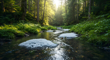 Obraz premium Scenic Serenity: A Tranquil Forest Stream With Sunlit Beauty