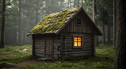Cozy Cabin With Mossy Roof And Glowing Window Deep In The Woods
