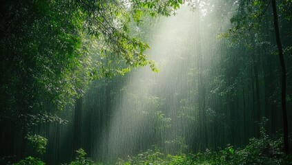 Fototapeta premium Sunlight streams through rain-filled forest canopy