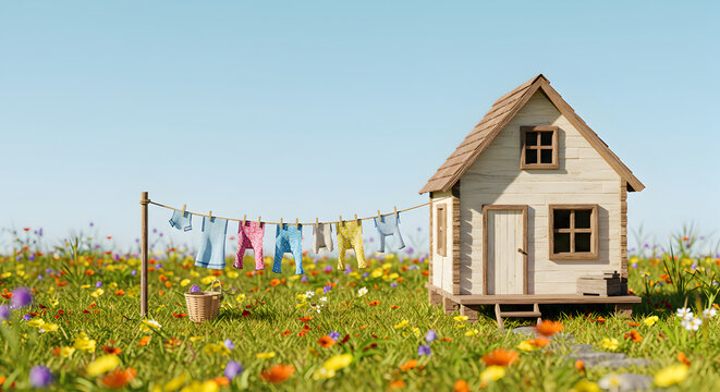 Idyllic Cottage Scene With Laundry Line In A Meadow Of Flowers