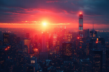 Fototapeta premium Sun setting over city buildings at a beautiful sunset.