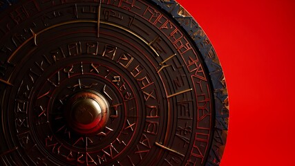 Naklejka premium Ancient Runes and Golden Accents on a Dark Metallic Shield with Red Background