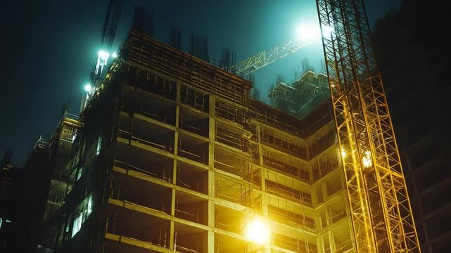 Illuminated construction site at night, featuring a crane and building under development