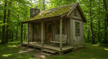 Secluded Cabin Retreat Nestled Among Lush Green Forest Foliage