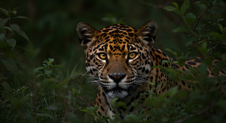 Obraz premium Hidden Majesty Jaguar Portrait In The Jungle Of Dense Foliage