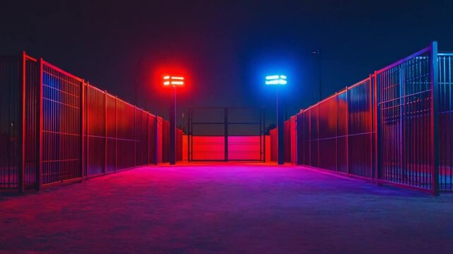 Illuminated urban gateway: A vibrant scene of colors at dusk with fence and lights
