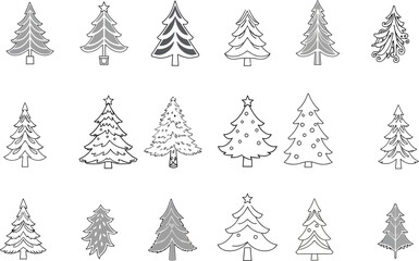 Christmas tree vector illustration set with fir forest and snowflakes for winter holiday decoration