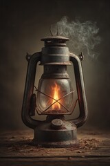 Vintage kerosene lamp emitting soft warm light in darkness