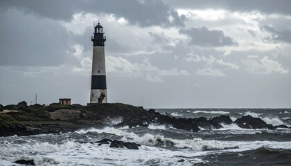 Fototapeta premium Dark Isolated Lighthouse on Stormy Coast with Dramatic Skies