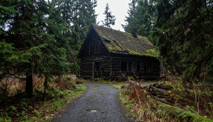 Fototapeta premium Abandoned Logging Cabin in Dark Forest of Pacific Northwest
