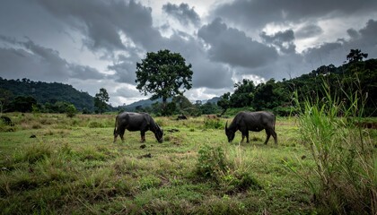 Dark Abandoned Area with Buffalo Grazing Under Ominous Clouds