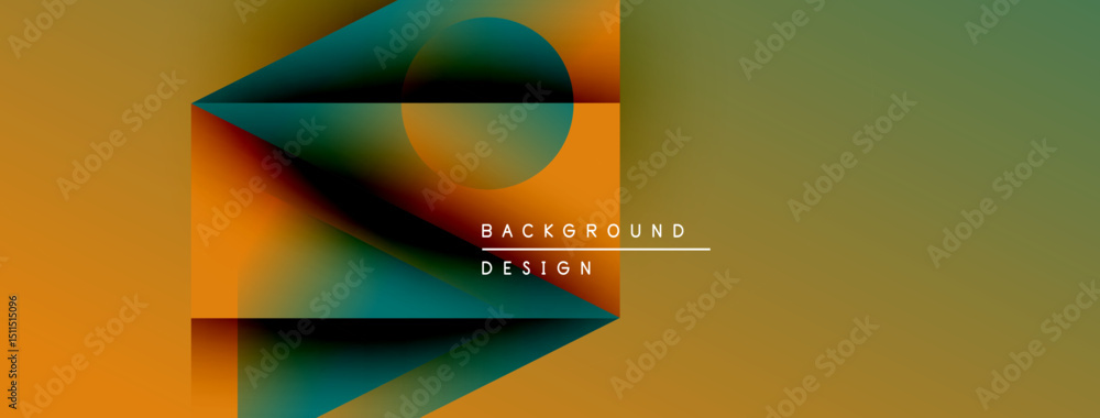 Poster Abstract geometric design. Overlapping shapes create dynamic visual effect. Warm colors dominate composition, with text overlay present.