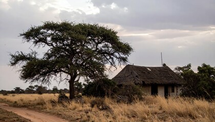 Obraz premium Dark Abandoned House in Samburu Area Surrounded by Grazing Zebras