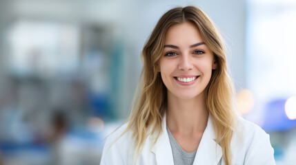 Obraz premium A confident young female doctor smiling in a white coat, embodying professionalism and trust in healthcare.