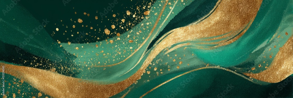 Poster elegant abstract design featuring sweeping green and gold tones with shimmering highlights and intri