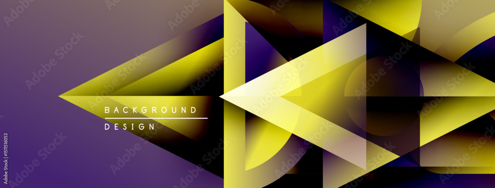 Poster Abstract geometric design. Purple, yellow gradients create dynamic arrow shapes. Modern background suitable for digital projects.