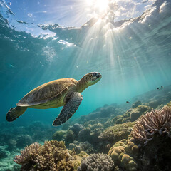 Obraz premium Sea turtle gliding near ocean surface in tropical waters with sun rays – peaceful underwater wildlife scene