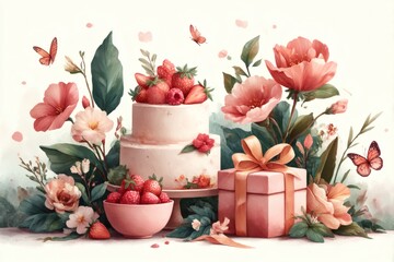Pink rose bouquet and sweet cake still life for spring celebration