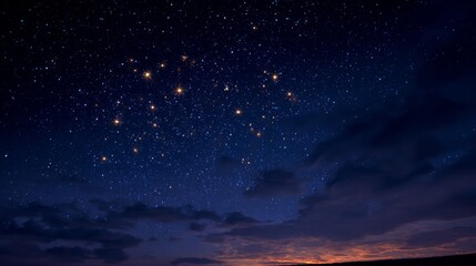 Night sky filled with stars glowing against a dark blue backdrop over a serene horizon during twilight hours
