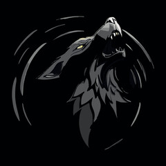 A bold, vector-style illustration of a howling wolf head facing upwards. Designed in monochrome shades of gray and black, with sharp, clean lines and soundwave elements to emphasize the howl, set on a