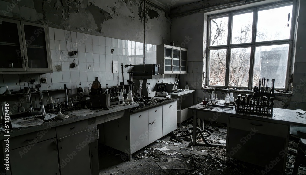 Poster dark abandoned laboratory with failed experiments and unsettling atmosphere