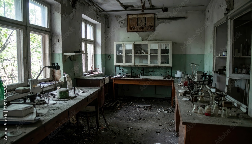 Poster abandoned dark laboratory with failed experiments and unsettling atmosphere