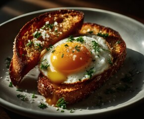 Breakfast meal featuring egg and bacon on toast overhead view