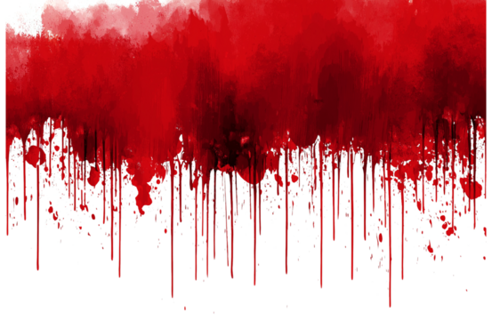 Red blood or paint flowing down on transparent background. Halloween, murder and horror concept. Red ink splash, splatter and stain.