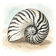 Obraz premium Watercolor Zebra Nerite Snail Shell Design in Coastal Art Style