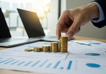 Person stacking coins on table.
