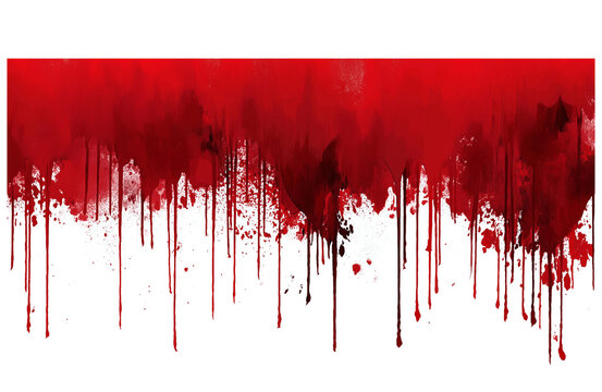 Red blood or paint flowing down on transparent background. Halloween, murder and horror concept. Red ink splash, splatter and stain.