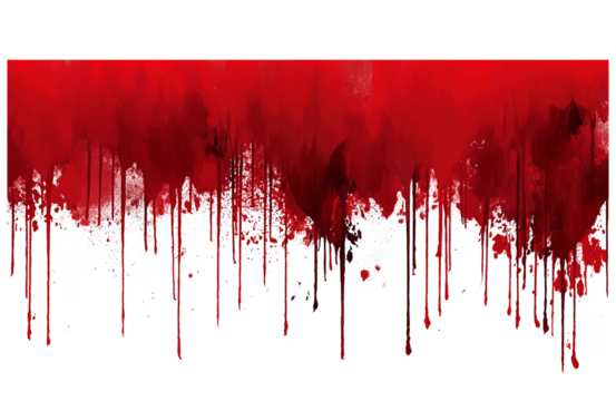 Red blood or paint flowing down on transparent background. Halloween, murder and horror concept. Red ink splash, splatter and stain.
