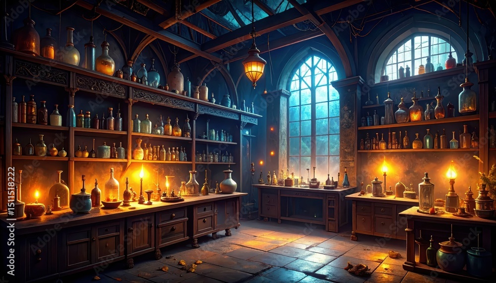 Poster dark and mysterious laboratory with strange experiments and knowledge