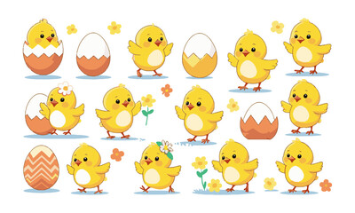 Obraz premium Modern vector illustration set featuring adorable baby chicks in various playful poses , Include elements such as chicks hatching from eggs, walking, dancing, easily editable and scalable.