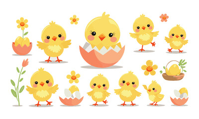 Fototapeta premium Modern vector illustration set featuring adorable baby chicks in various playful poses , Include elements such as chicks hatching from eggs, walking, dancing, easily editable and scalable.