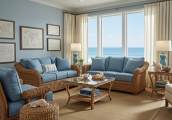 Fototapeta premium Blue couches and wickers in a living room.