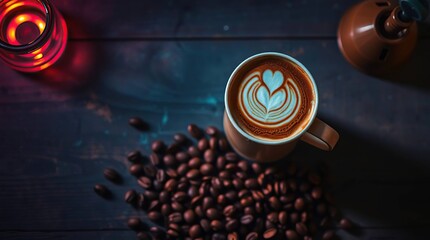 Warm latte art on a dark wooden table, surrounded by coffee beans and a candle