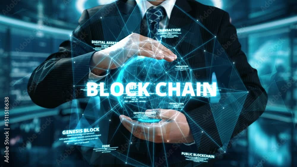 Aufkleber businessman hold blockchain technology concepts creating financial p2p network and cryptocurrency tr