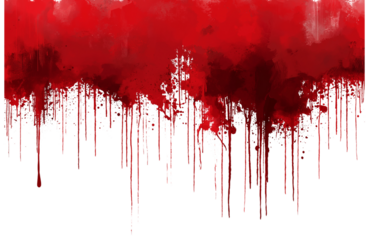 Red blood or paint flowing down on transparent background. Halloween, murder and horror concept. Red ink splash, splatter and stain.