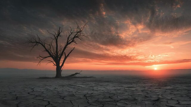 Empty landscape at sunset with bare tree