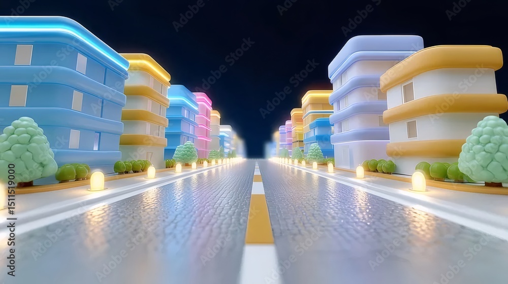 Poster パステルカラーの都市景観 3dレンダリング 街路樹とライトアップされた建物と道 深い青色の夜空