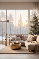 Winter Scandinavian Living Room: Photorealistic Cozy Interior, Golden Hour