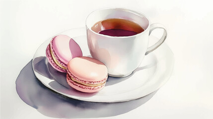 Vector illustration, cup of tea with French macaroons, watercolor painting.