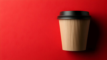Top-down view of a coffee cup on a bold red background, offering space for text or design