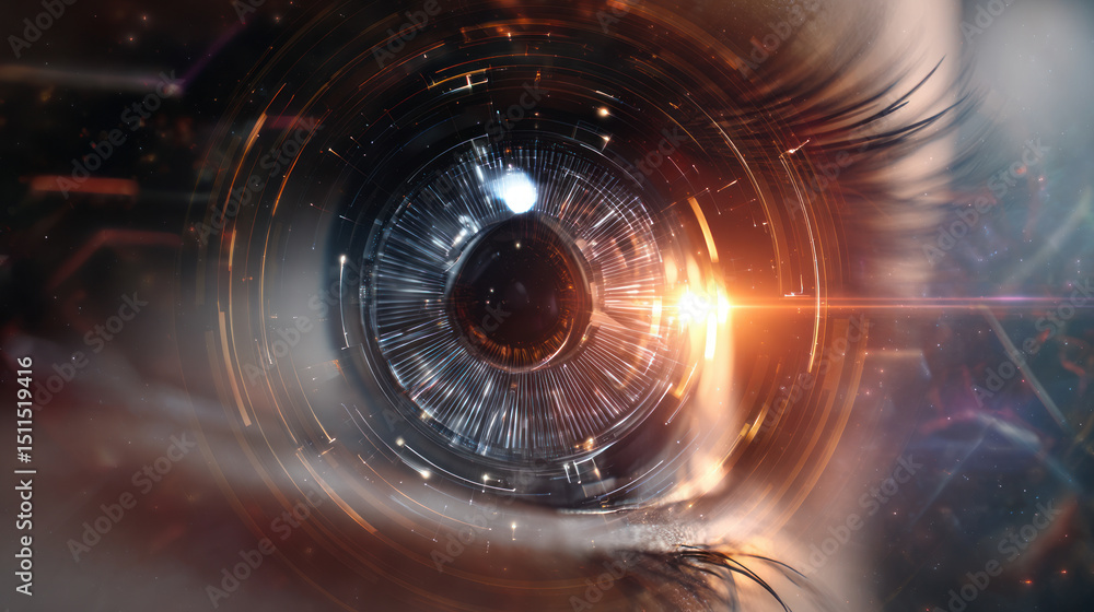 Poster close-up of a robot's eye with high-tech detailing, showcasing advanced sensors and glowing effects.