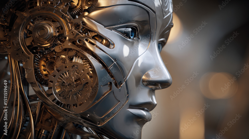 Poster close-up of a robotic face with sophisticated mechanical features, illuminated by soft lighting. art
