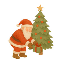 Freehand minimalistic watercolor illustration of Santa Claus putting a gift under the Christmas tree. Hand drawn watercolour Christmas Santa's 